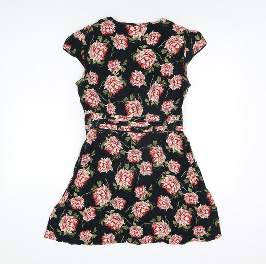 Topshop Womens Black Floral Viscose Skater Dress Size 12 V-Neck Button