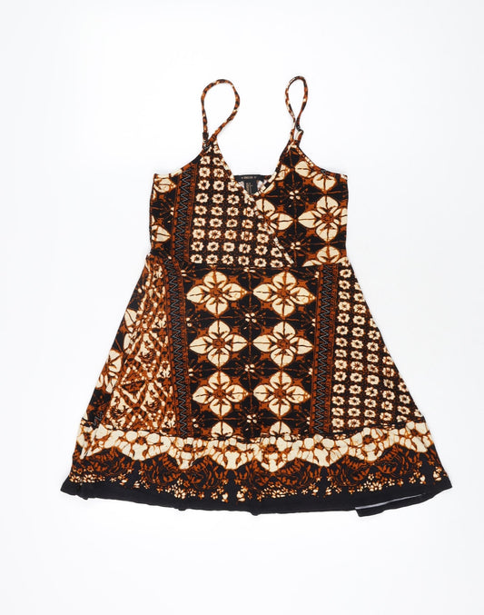 Forever 21 Womens Black Floral Rayon Skater Dress Size S V-Neck Pullover