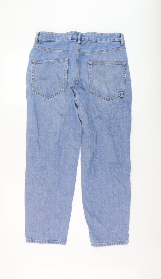 Back view of ASOS women’s blue cotton straight jeans, size UK 32, in, 27-inch leg regular button