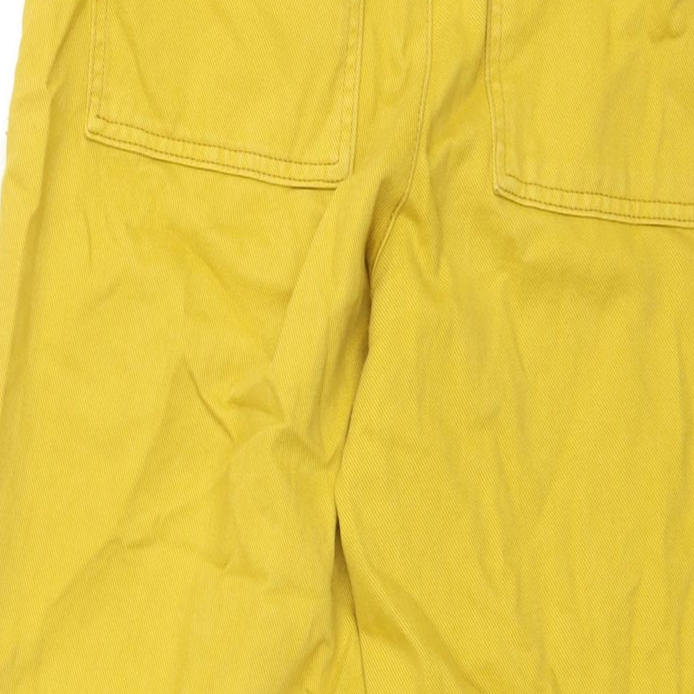 Brand and care label for BDG women’s yellow cotton wide-leg jeans, size UK 27, in, 27-inch leg regular zip
