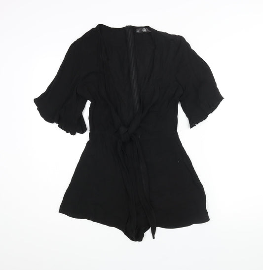 Additional front view of Missguided women’s black polyester playsuit one-piece, size UK 6, zip - tie detail