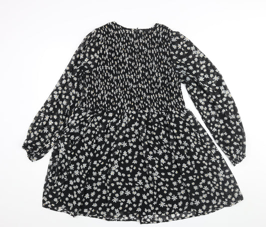 ASOS Womens Black Floral Polyester A-Line Size 8 Round Neck Zip - Rouched Bodice