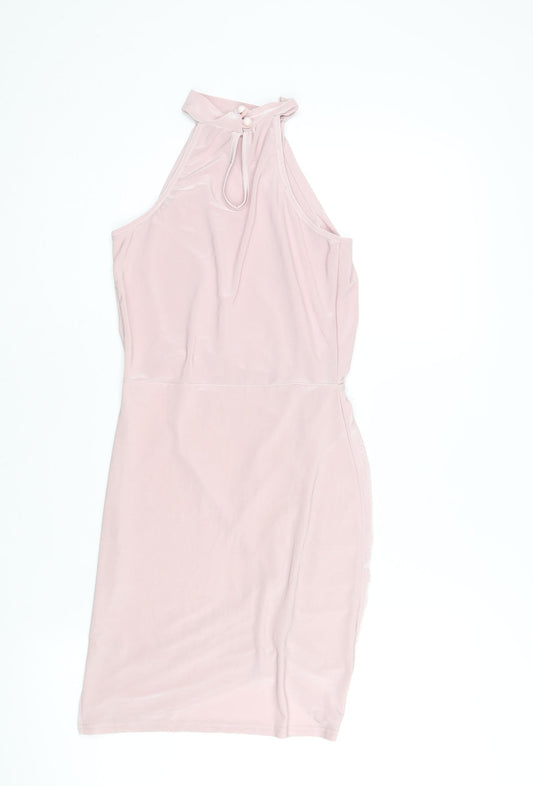 Missguided Womens Pink Polyester Mini Size 6 Mock Neck Button - Rouched