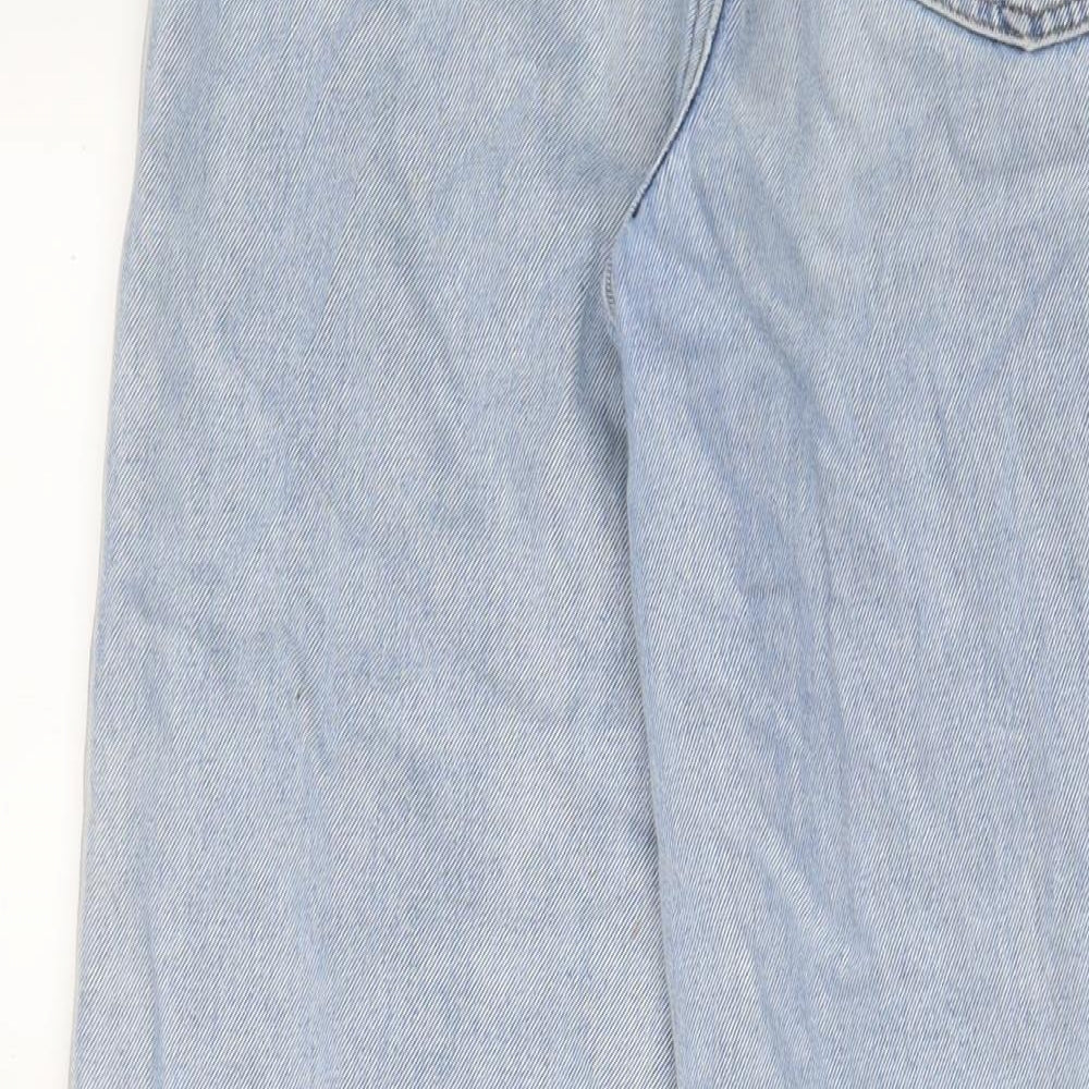 Brand and care label for BDG women’s blue cotton wide-leg jeans, size UK 26, in, 30-inch leg regular zip - embroidered