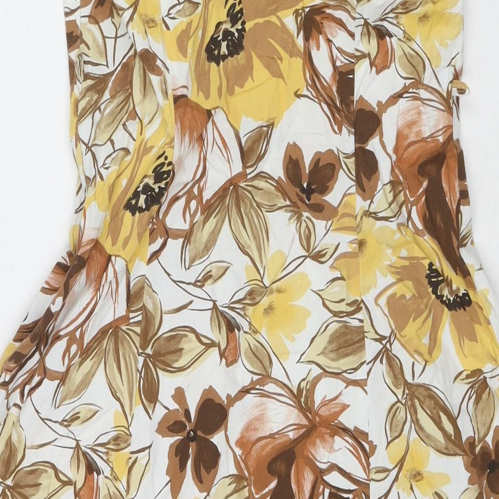 Brand and care label for Wallis women’s brown floral cotton a-line, size UK 10, square neck zip - strapless