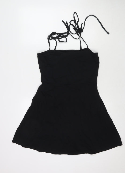 ASOS Womens Black Cotton Tank Dress Size 14 Square Neck Tie