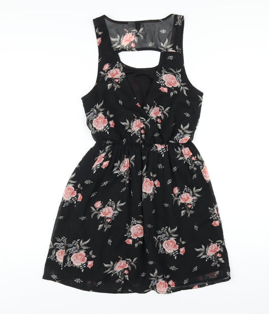 H&M Womens Black Floral Polyester A-Line Size 8 Scoop Neck Pullover