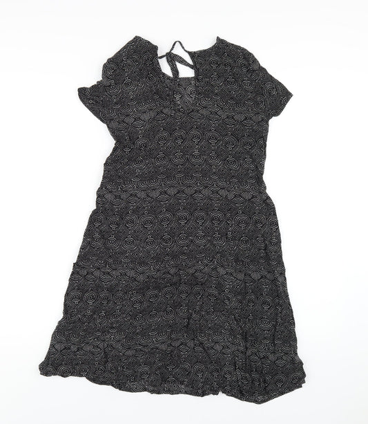 H&M Womens Black Geometric Viscose A-Line Size 4 Round Neck Tie
