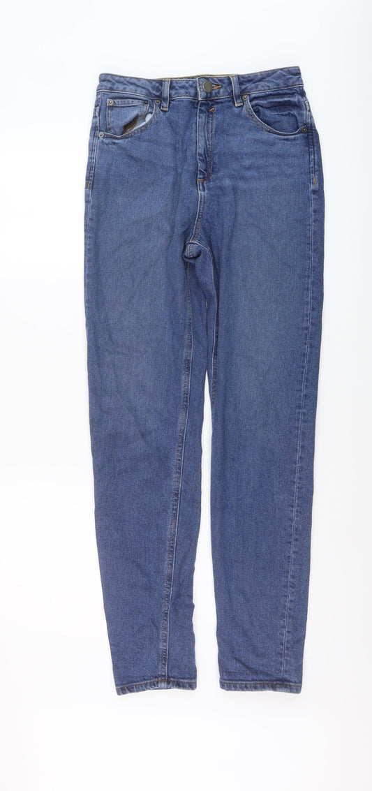 Additional front view of ASOS women’s blue cotton mom jeans, size UK 28, in, 34-inch leg regular button