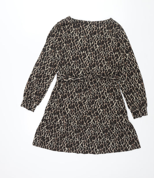 NEXT Womens Brown Animal Print Viscose A-Line Size 10 Round Neck Pullover - Leopard Print Frill Belted