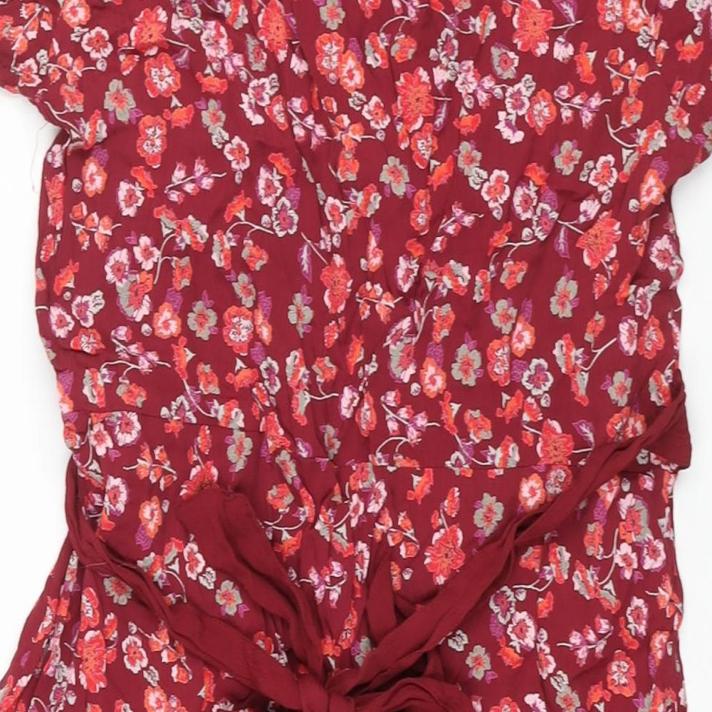 BHS Womens Red Floral Viscose Shift Size 16 Round Neck Tie - Keyhole Neck Belted