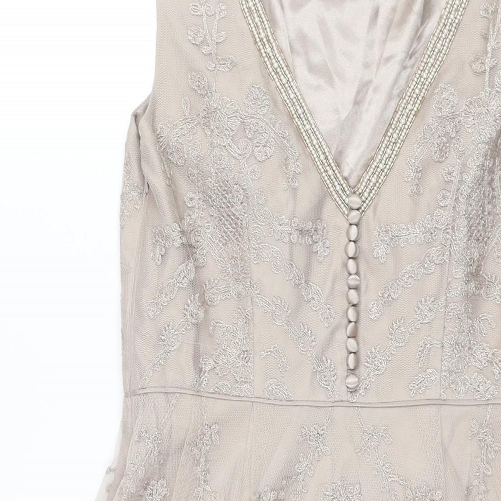 Monsoon Womens Beige Polyester A-Line Size 10 V-Neck Zip - Button Detail Pearl Neckline