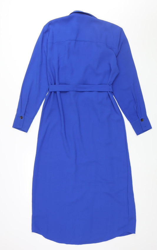 Topshop Womens Black Polyester Shirt Dress Size 10 Collared Button - Belted