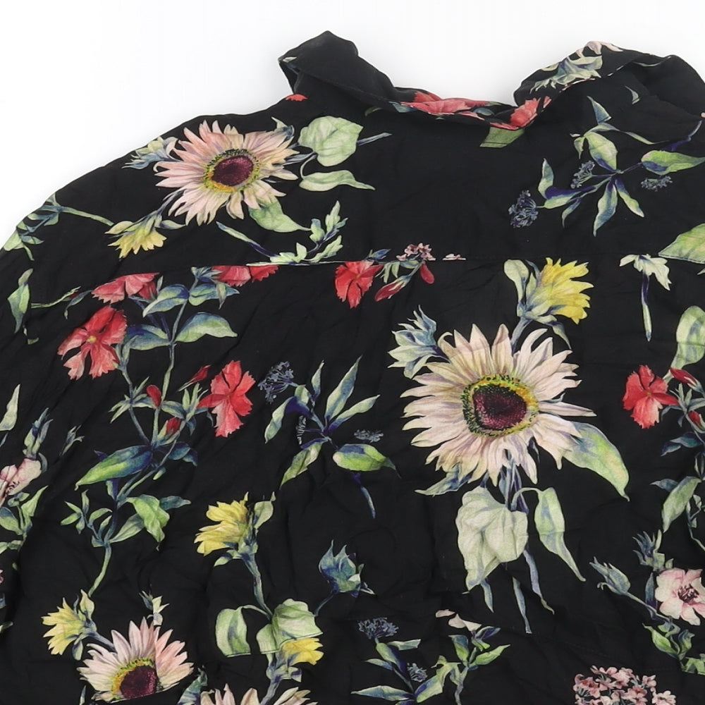Zara Womens Black Floral Viscose Basic Button-Up Size S Collared