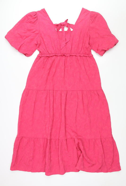 Marks and Spencer Womens Pink Polyester Maxi Size 14 Scoop Neck Tie - Puff Sleeve Smocked