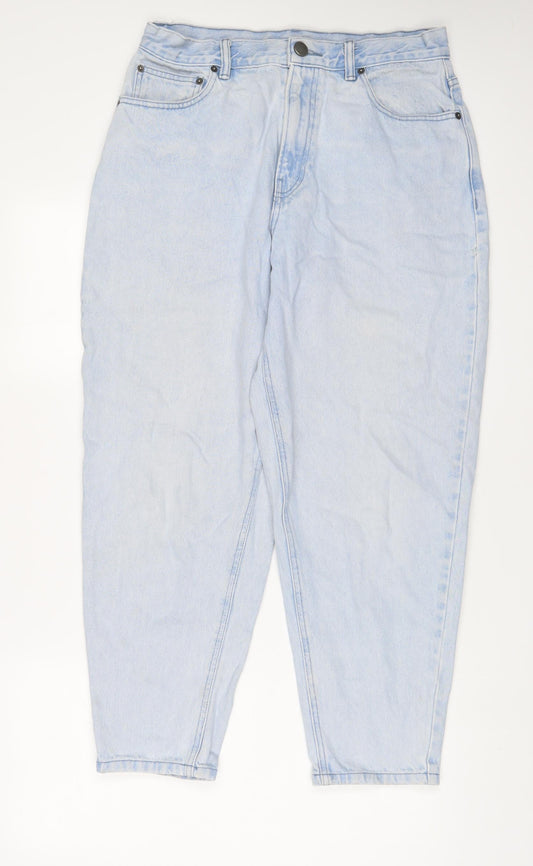 Additional front view of ASOS women’s blue cotton tapered jeans, size UK 32, in, 32-inch leg regular zip