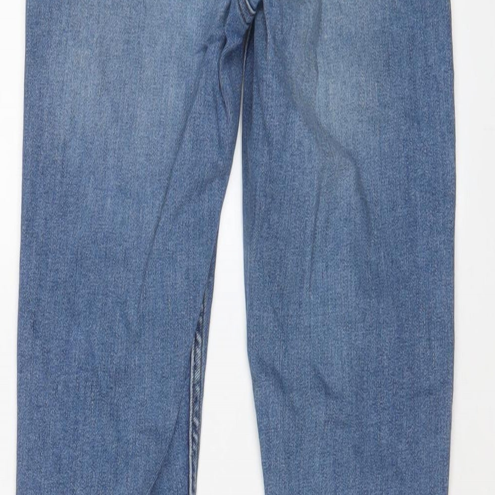 Brand and care label for BDG women’s blue cotton skinny jeans, size UK 24, in, 32-inch leg regular zip