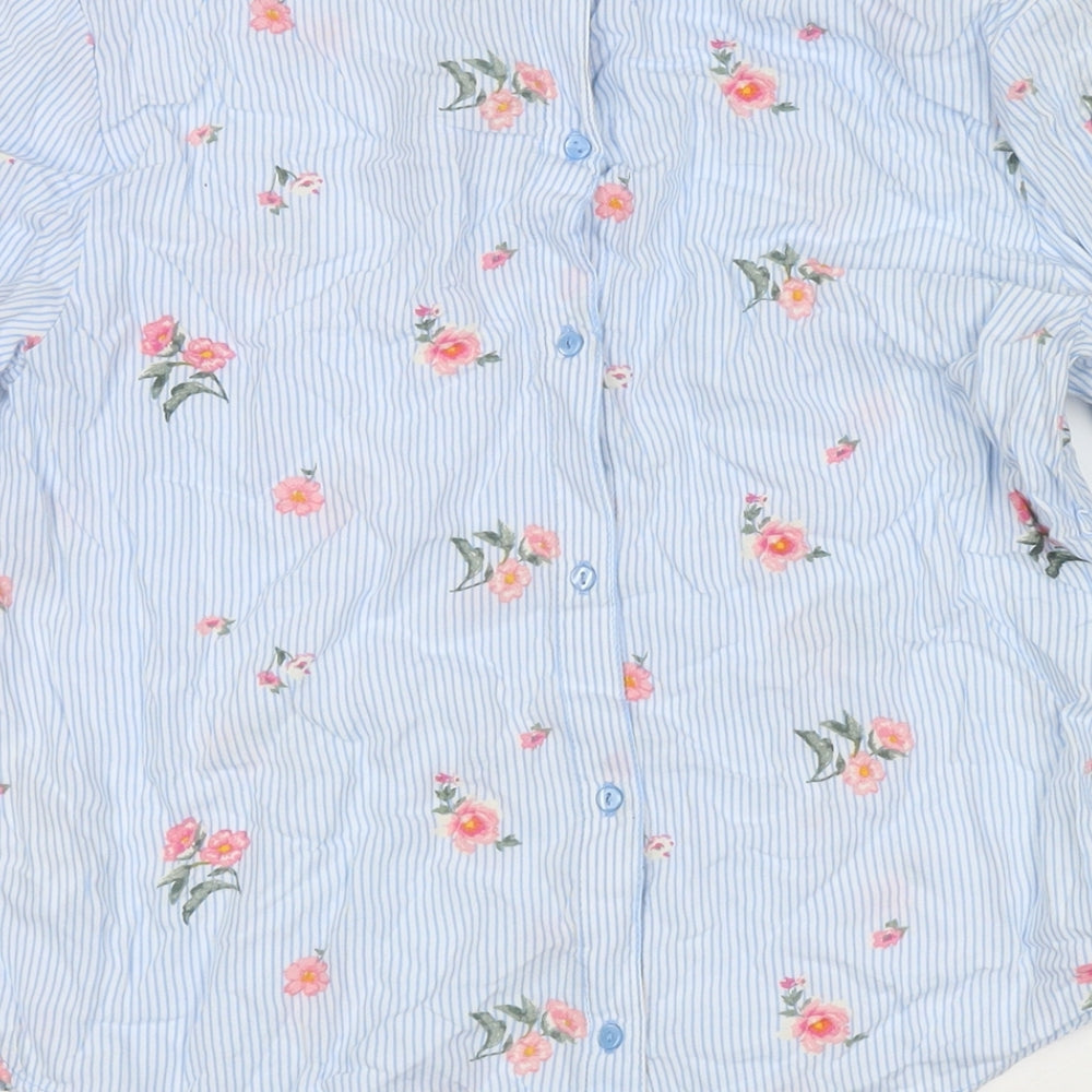 Divided by H&M Womens Blue Striped Viscose Basic Button-Up Size 8 Round Neck - Flowers