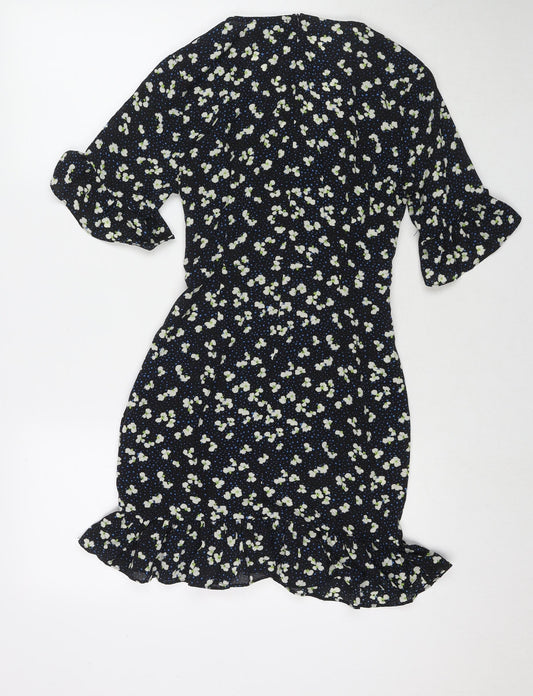 PRETTYLITTLETHING Womens Black Floral Polyester Fit & Flare Size 8 V-Neck Zip