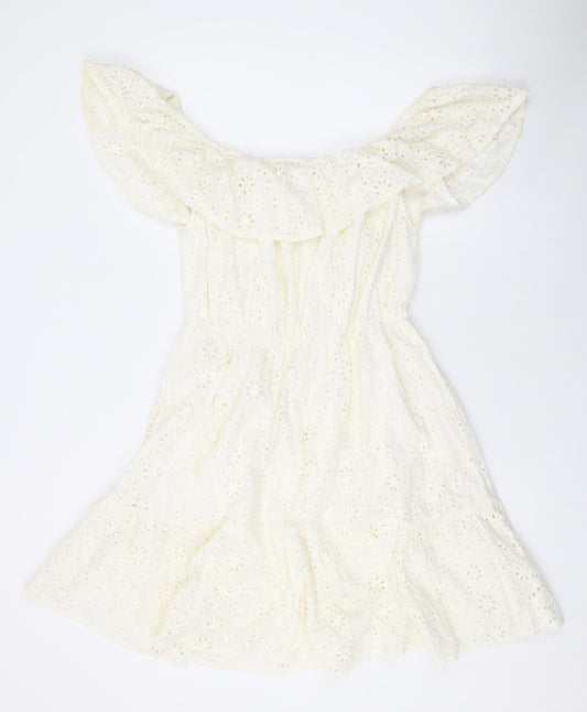 In the Style Womens White Geometric Cotton A-Line Size 12 Off the Shoulder Pullover