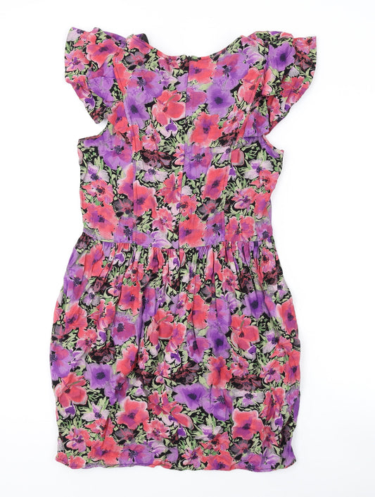 Topshop Womens Pink Floral Viscose A-Line Size 12 Round Neck Zip