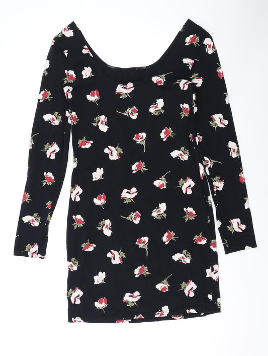 Miss Selfridge Womens Black Floral Cotton Bodycon Size 12 Scoop Neck Pullover