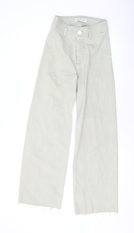 Additional front view of Denim & Co. women’s green cotton wide-leg jeans, size UK 6, 27-inch leg regular zip
