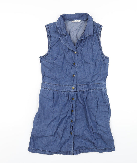 Additional front view of Kaleidoscope women’s blue cotton a-line, size UK 6, collared snap