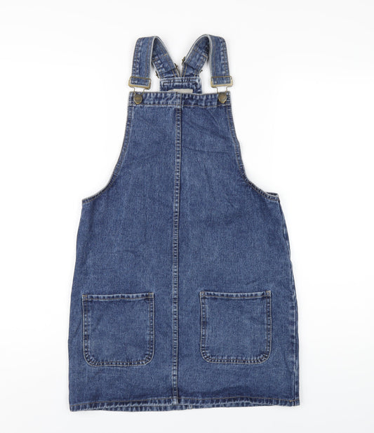 Additional front view of Denim & Co. women’s blue cotton pinafore/dungaree dress, size UK 8, square neck buckle