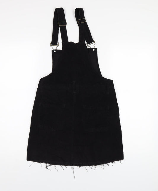 Boohoo Womens Black Cotton Pinafore/Dungaree Dress Size 8 Square Neck Buckle
