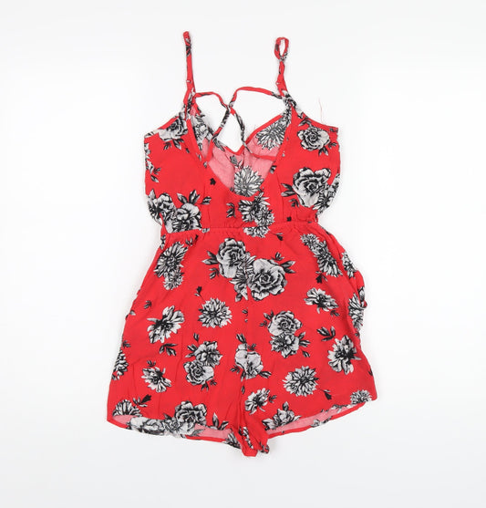 H&M Womens Red Floral Vinyl Playsuit One-Piece Size 8 Pullover
