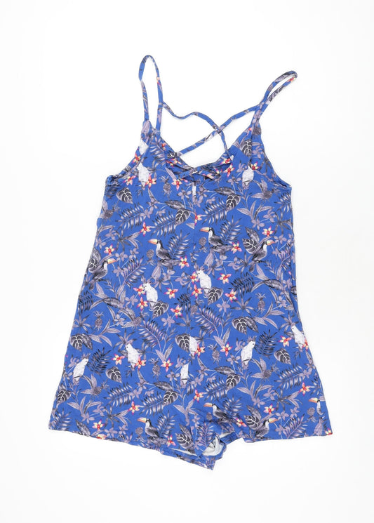 New Look Womens Blue Floral Viscose Playsuit One-Piece Size 8 L3 in Pullover - Parrot Print