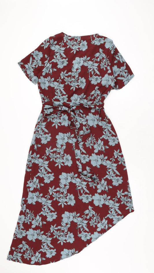 New Look Womens Red Floral Polyester Wrap Dress Size 8 V-Neck Tie