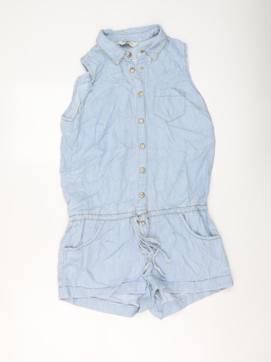 Additional front view of Missguided women’s blue cotton playsuit one-piece, size UK 10, snap