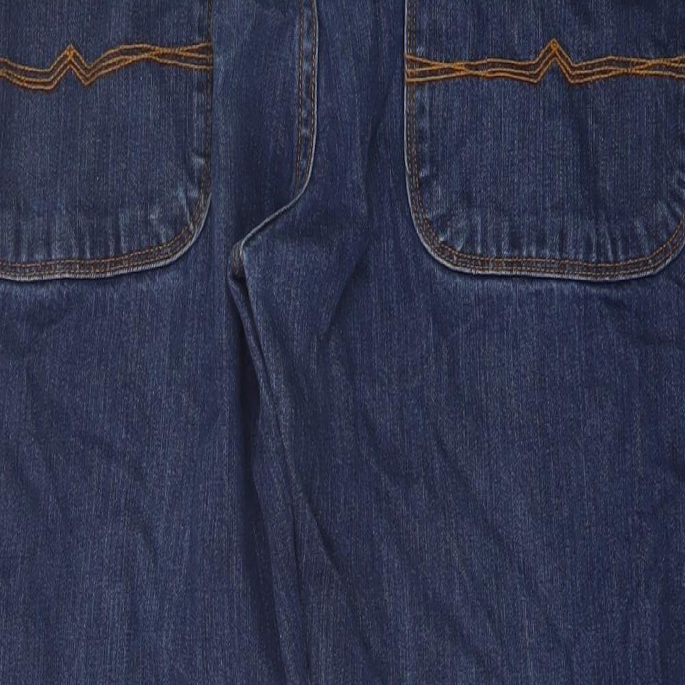 Brand and care label for ASOS men’s blue cotton straight jeans, size 31, in, 30-inch leg regular button