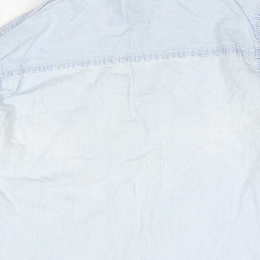 Brand and care label for Denim & Co. women’s blue cotton basic button-up, size UK 8, collared