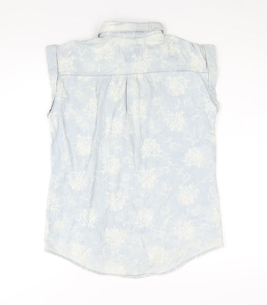 Denim & Co. Womens Blue Geometric Cotton Basic Button-Up Size 8 Collared