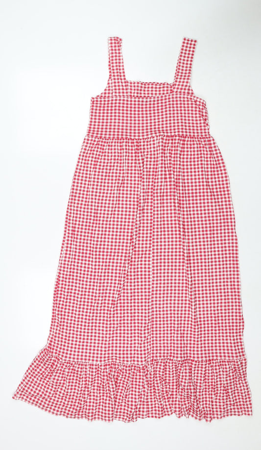 Boohoo Womens Red Check Viscose Maxi Size 8 Square Neck Pullover