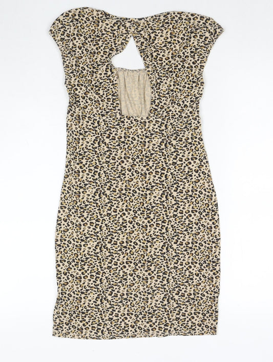 Topshop Womens Brown Animal Print Viscose Mini Size 8 Square Neck Pullover