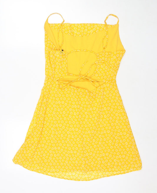 Divided by H&M Womens Yellow Floral Polyester Fit & Flare Size 12 Cowl Neck Zip