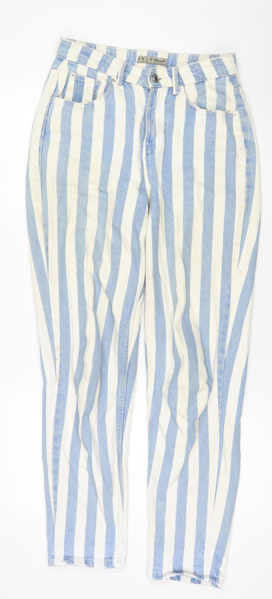 Additional front view of Denim & Co. women’s blue striped cotton straight jeans, size UK 8, 29-inch leg regular zip