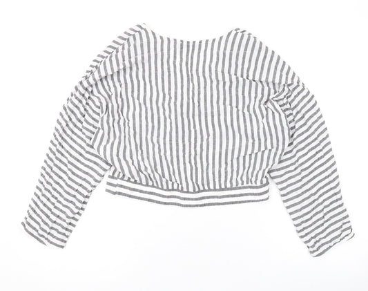 Bershka Womens White Striped Viscose Basic Blouse Size L V-Neck