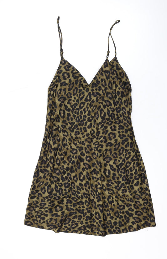 Zara Womens Brown Animal Print Viscose A-Line Size S V-Neck
