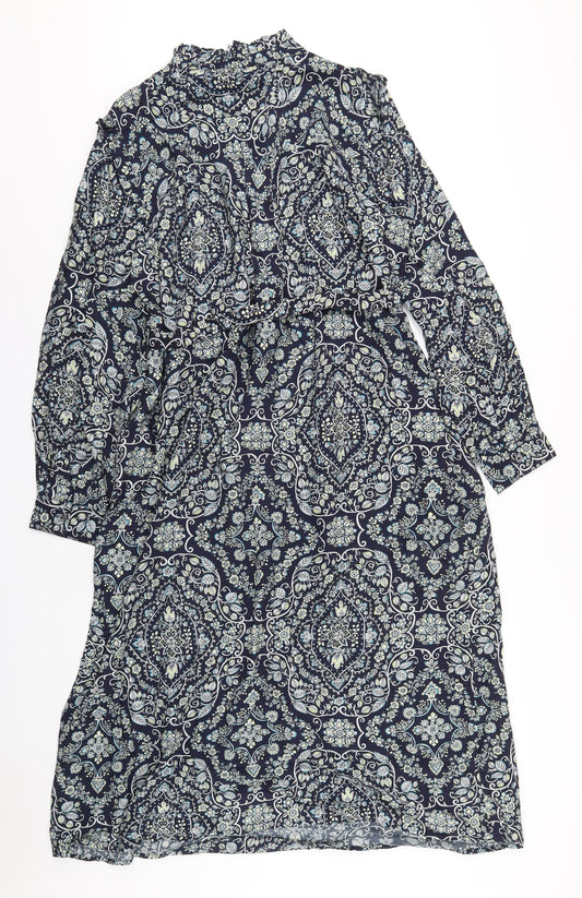 Phase Eight Womens Blue Geometric Viscose A-Line Size 16 Mock Neck Button