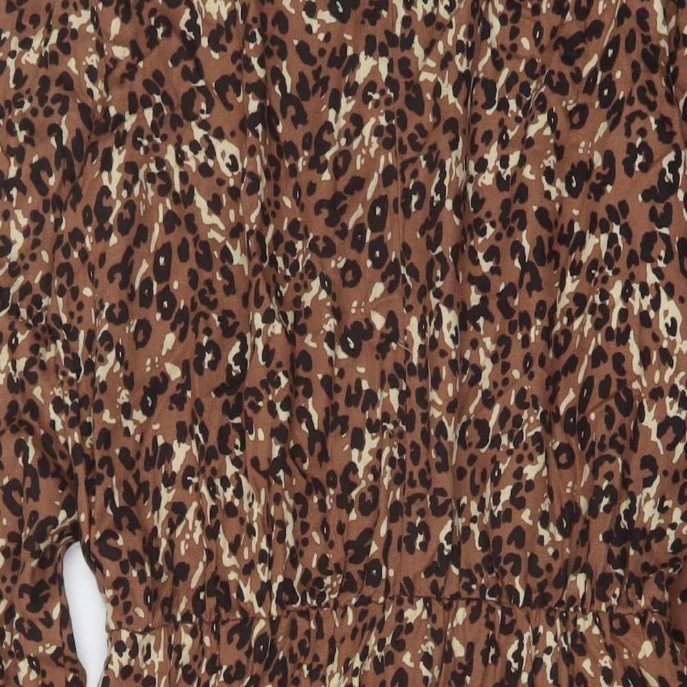 NEXT Womens Brown Animal Print Viscose A-Line Size 8 Mock Neck Button