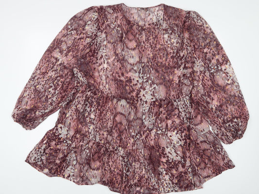 NEXT Womens Purple Geometric Polyester A-Line Size 18 Crew Neck Button