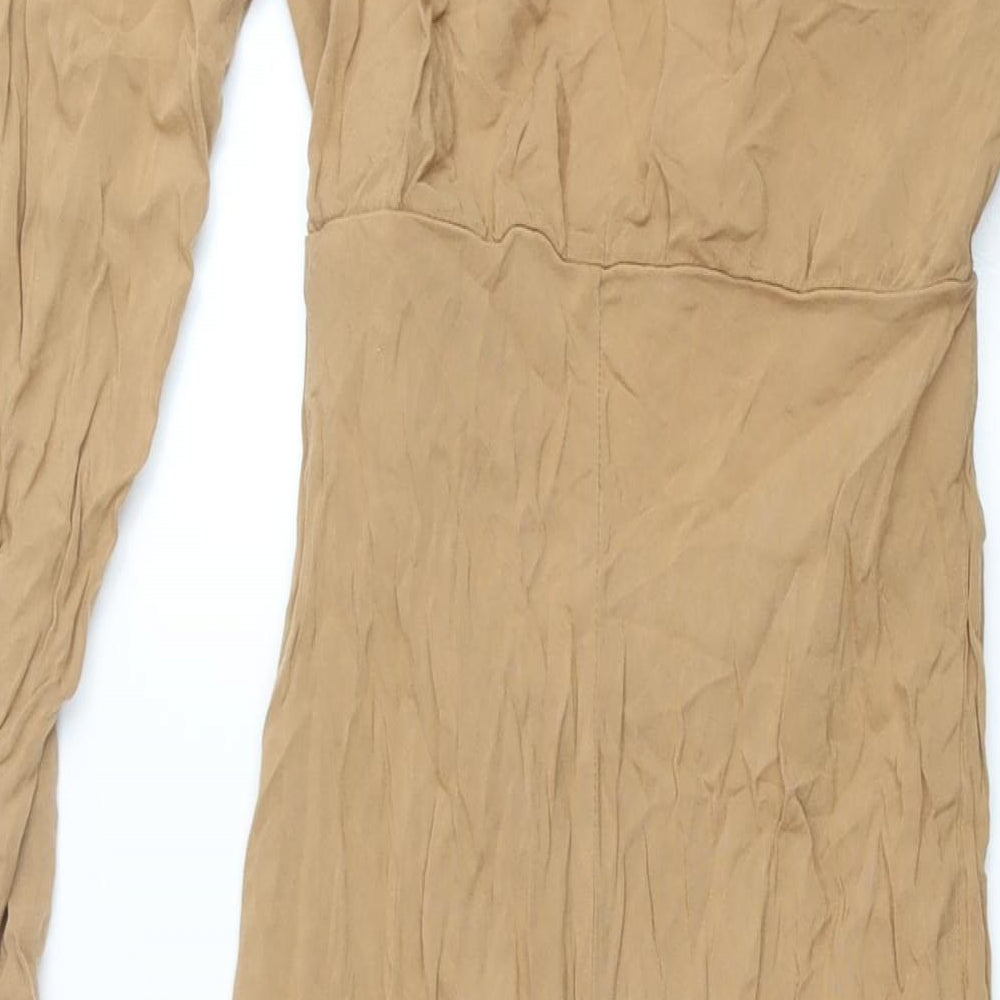Brand and care label for ASOS women’s brown viscose shirt dress, size UK 10, collared zip - tie detail cut out