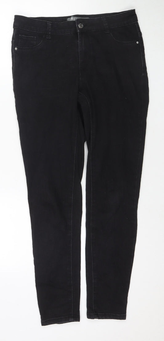 Additional front view of Denim & Co. women’s black cotton skinny jeans, size UK 12, 28-inch leg regular zip