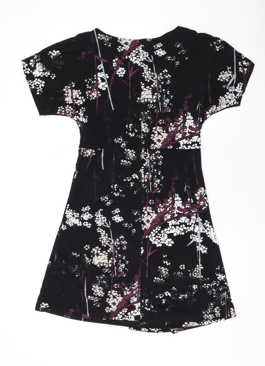 NEXT Womens Black Floral Polyester T-Shirt Dress Size 8 Round Neck Pullover