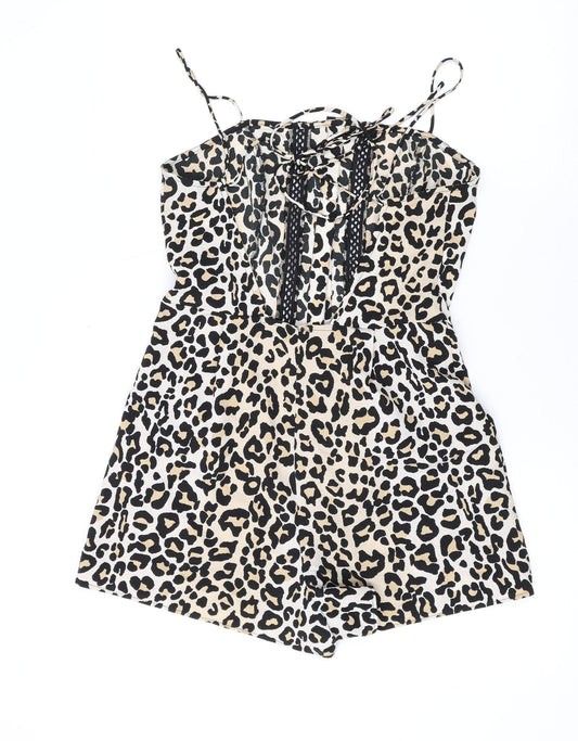 Topshop Womens Brown Animal Print Polyester Playsuit One-Piece Size 8 L3 in Button - Leopard Print